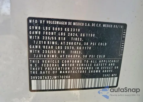 2018 Volkswagen Tiguan Se z USA, uszkodzony, nr VIN 3VV2B7AX2JM170268